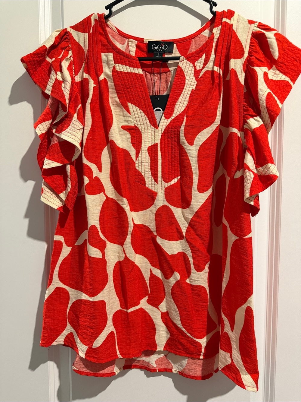 Red & Cream Printed Ruffle Sleeve V-Neck Top